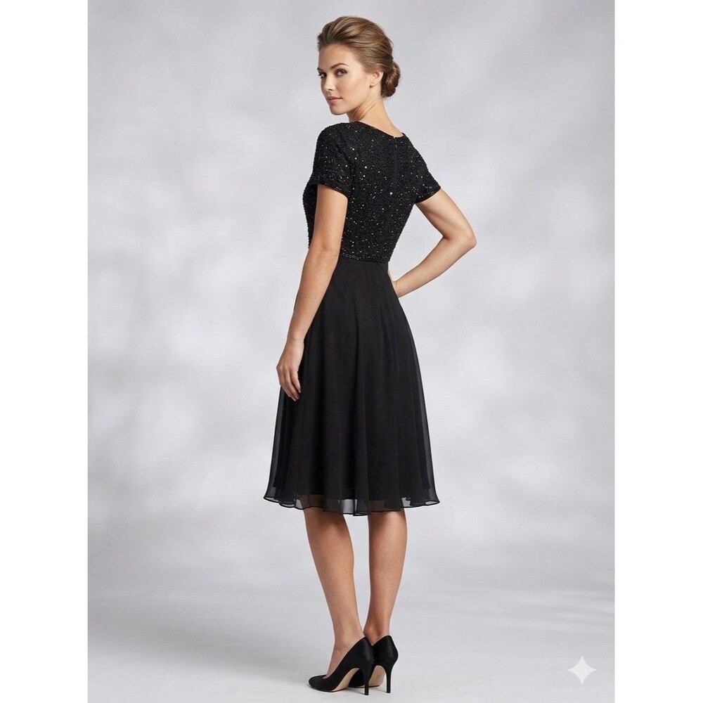 Papell Boutique Evening Dress Womens 4 Black Beaded Silk Chiffon Fit Flare
